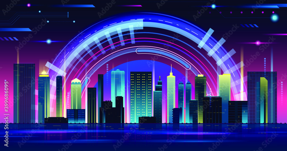 vector Futuristic night city. Cityscape on a dark background  - obrazy, fototapety, plakaty 