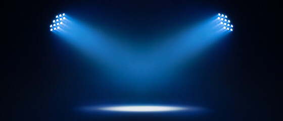 abstract show led light concert stage with blue beam two light illuminating empty space, panoramic o