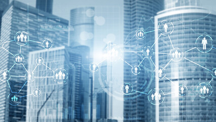 Wall Mural - social media concept on futuristic city background.