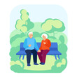 © Екатерина Бондарук - An elderly couple is sitting on a bench in the summer spring. The concept of happy relationships in old age. Vector illustration in flat style.