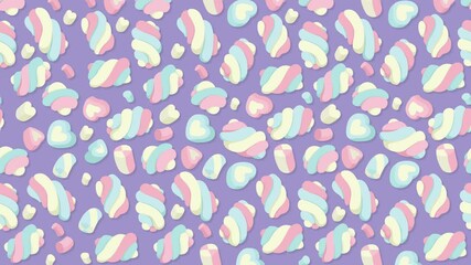 Wall Mural - Sweet marshmallows animation background. Kids cartoon design in pastel colors 