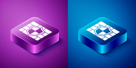 Sticker - Isometric Shield with cyber security brick wall icon isolated on blue and purple background. Data protection symbol. Firewall. Network protection. Square button. Vector.