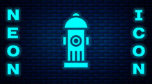 Glowing Neon Fire Hydrant Icon Isolated On Brick Wall Background. Vector.