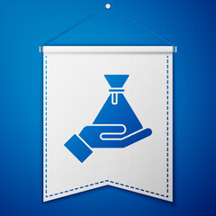 Canvas Print - Blue Bribe money bag icon isolated on blue background. Bill currency. White pennant template. Vector.