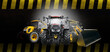 Heavy transport industry wide banner template - front view of modern industrial vehicles in a row on a grunge metal yellow hazard stripe texture background with copy space for your text
