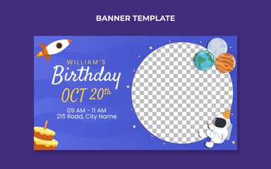 Wall Mural - Kids birthday invitation banner template with astronaut and rocket illustration