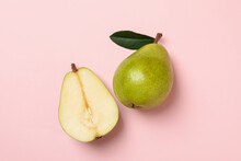 Fresh Green Pears On Pink Background, Top View