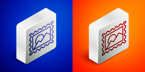 Canvas Print - Isometric line Postal stamp icon isolated on blue and orange background. Silver square button. Vector Illustration.