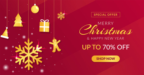 Christmas sale banner with golden decoration