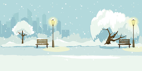 Wall Mural - Abstract landscape -- winter park in the big city. Vector illustration, background with trees and high buildings.	