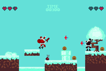 Computer pixel game interface, santa claus character, 8-bit view, hero battle in video game. Pixel winter with snow