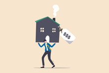 Overpay In Real Estate And House Mortgage, Too Much Invest Or Expense To Pay For Debt And Loan In Economic Crisis Concept, Tried Depressed Office Worker Man Carrying House With Expensive Price Tag.