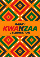 Kwanzaa Happy Celebration. African And African-American Culture Holiday. Seven Days Festival, Celebrate Annual From December 26 To January 1. Black History. Poster, Card, Banner And Background. Vector