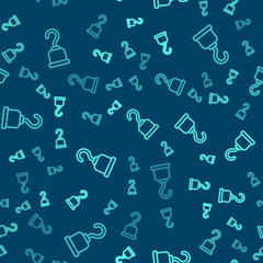 Poster - Green line Pirate hook icon isolated seamless pattern on blue background. Vector.