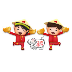 Wall Mural - 2021 Vietnamese New Year Tet illustration, buffalo, cute kids in traditional red shirt hold gold ingots smile funny, yellow hat, apricot flowers, Lunar New Year. Hand drawn concept card, poster