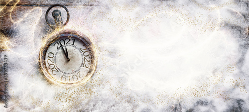 Happy New Year 2021  -  Greeting Card Template -  vintage clock with magic firework in abstract snow landscape with copy space  -  design banner format