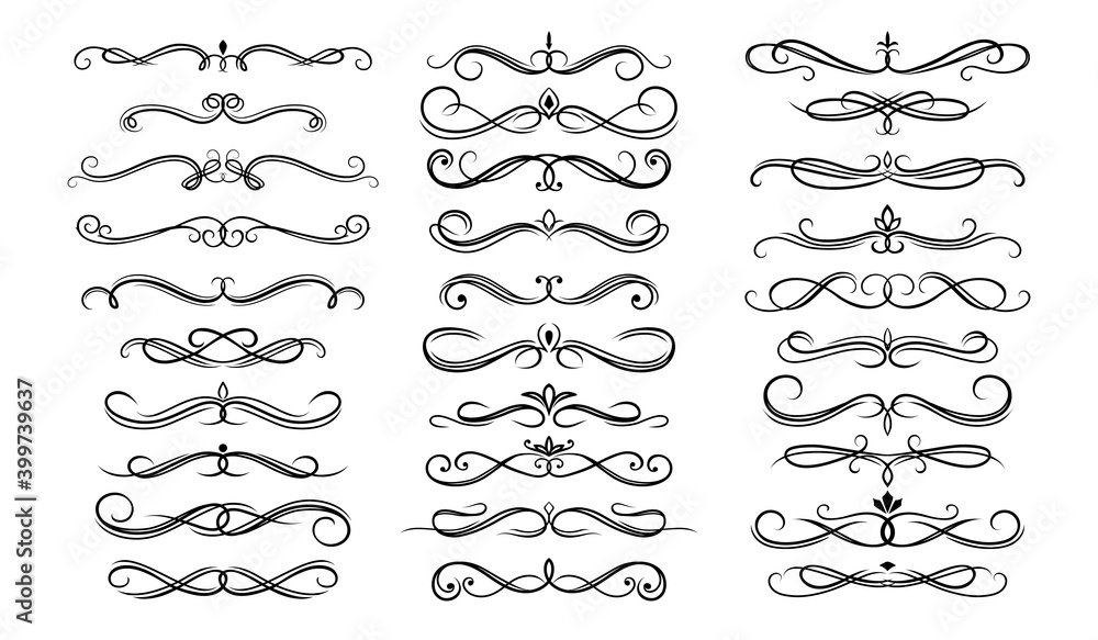 Dividers, borders and frame lines vector set with floral ornaments, victorian flourishes. Divider borders with ornate flowers, vintage vignette scrolls, swirls and fleur de lis calligraphy decorations - obrazy, fototapety, plakaty 