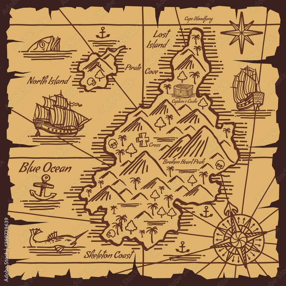Vector de Stock Pirate treasure map old scroll vector sketch of islands ...