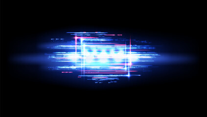 Aufkleber - Neon glitch flare and digital noise vector background with blue and pink lights pixel mosaic. TV or computer screen with futuristic shapes and glowing lines pattern of television no signal effects