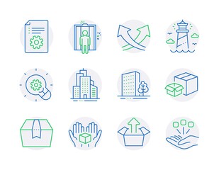 Wall Mural - Industrial icons set. Included icon as Lighthouse, Buildings, Technical documentation signs. Send box, Package box, Elevator symbols. Skyscraper buildings, Intersection arrows, Innovation. Vector