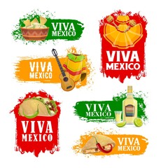 Canvas Print - Mexican holiday food and drink vector icons of Viva Mexico fiesta party. Mariachi maracas, guitar and red chilli pepper, taco, nacho and quesadilla with guacamole isolated emblems design