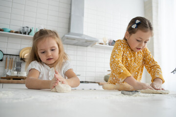 Wall Mural - happy sisters children girls bake cookies, knead dough, play with flour and laugh in the kitchen.