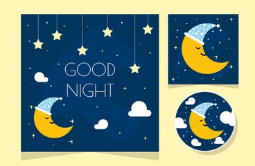 Night scene with moon and stars. Nightly sky with large moon. Good night sky card.