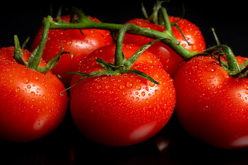 Wall Mural - large red tomatoes on a branch on a black background