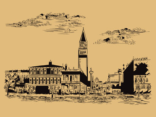 Wall Mural - Venice drawing vector illustration St Mark Square brown