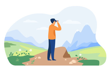 Man looking faraway through binoculars, admiring mature, exploring new goals and opportunities. Vector illustration for adventure, hiking, exploration, travel concept