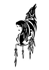 Wall Mural - beautiful shaman woman, crescent moon, feathered decor and howling wolf - tribal spirit animal conce