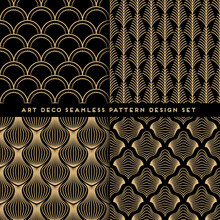 Art Deco Style Seamless Pattern Design Set - Golden Line Repeat Patterns On Black Background