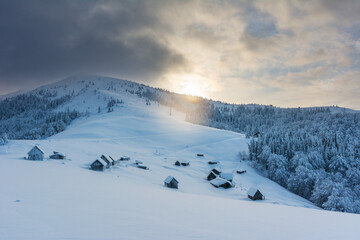 Wall Mural - Wonderful morning in the mountainous valleys with houses in the Ukrainian Carpathians.	