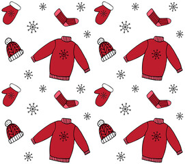 Sticker - Vector seamless pattern of colored hand drawn doodle sketch winter clothes isolated on white background