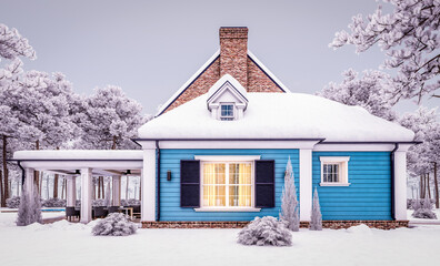 3d rendering of modern cozy classic house in colonial style with garage and pool for sale or rent with beautiful landscaping on background. Cool winter evening with cozy light from windows.