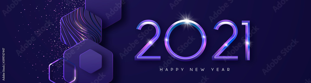New Year 2021 futuristic 3d geometric web banner - obrazy, fototapety, plakaty 