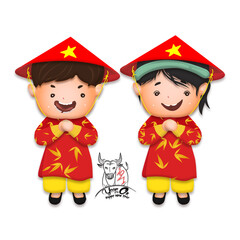 Wall Mural - Happy lunar new year 2021 greeting card with cute boy, girl happy smile so funny. Kids hand in hand cartoon character. Year of the Ox