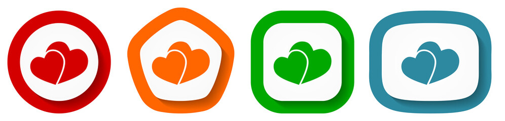 Leinwandbilder - Two hearts, valentines day vector icon set, flat design buttons on white background