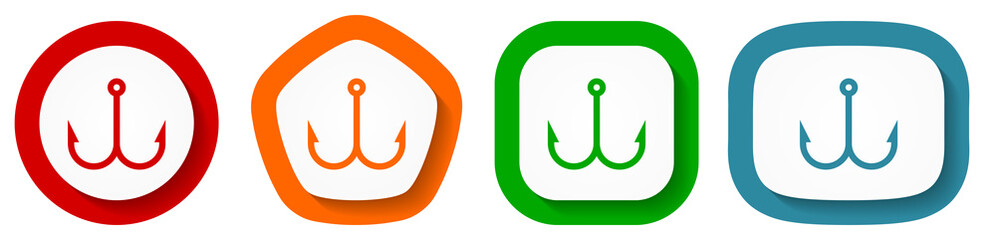 Poster - Fishing hook vector icon set, flat design buttons on white background