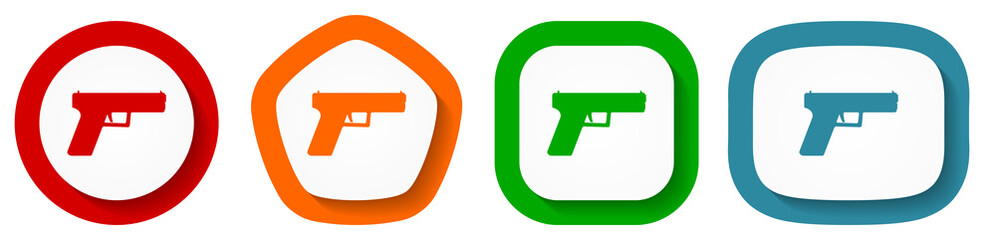 Aufkleber - Pistol, gun, weapon vector icon set, flat design buttons on white background