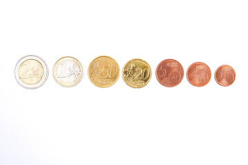 Euro coins: 2, 1 euro, 50, 20, 10, 1 cents isolated on white background macro closeup. Money concept. Top view, flat lay