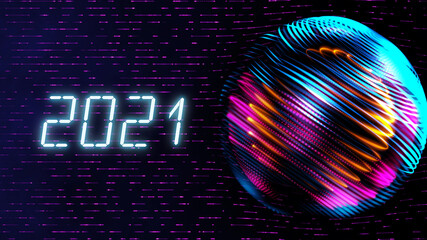 Wall Mural - 2021 New year card wallpaper global smart world neon color light orbit digital technology concept background
