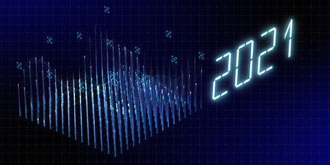 Wall Mural - 2021 New year card wallpaper futuristic neon color digital grid pattern 3D light wave, future technology concept background