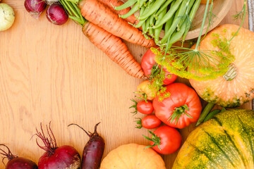 Wall Mural - Harvest vegetables on the ground. Potatoes, carrots, beets, peppers, tomatoes, cucumbers, beans, pumpkin, onions and garlic. Autumn harvest farmers