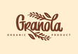 Granola organic product logo vector template. Lettering composition and spikelets. Handwritten calligraphy. Healthy food logotype for package, label.
