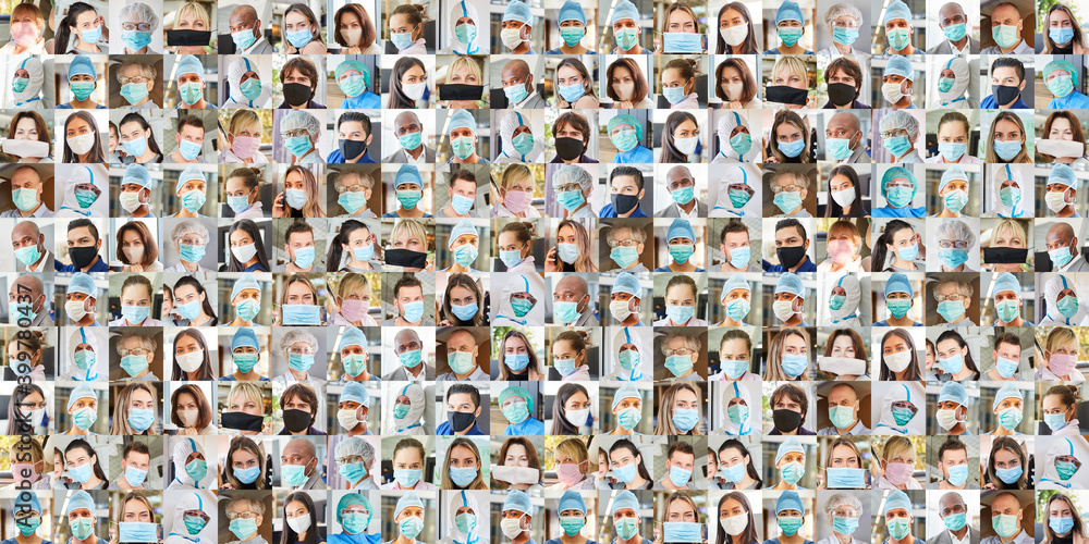 Panorama Collage Menschen mit Mundschutz - obrazy, fototapety, plakaty 