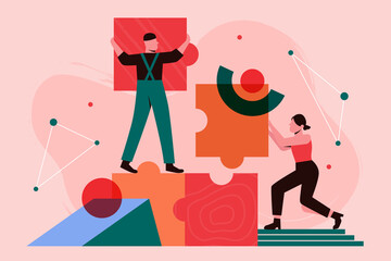 Wall Mural - people build business process concept vector illustration. cartoon partner characters team working t