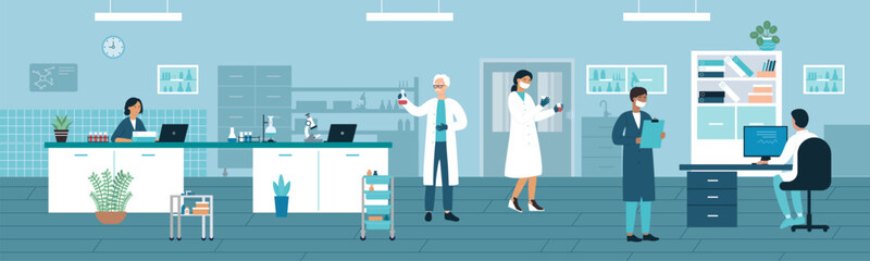 Doctor people work in medical laboratory vector illustration. Cartoon man woman medic researcher characters working with lab test tubes and flasks, scientists in analysis medicine research background