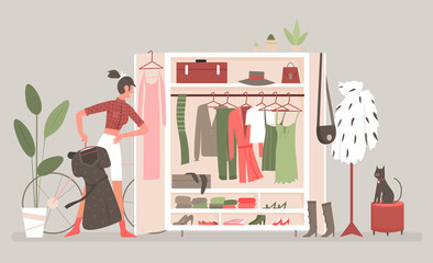 Wall Mural - Home wardrobe room for clothes vector illustration. Cartoon woman standing at open cabinet with dresses and clothing hanging and lying on shelves, storage organization of clothes system background