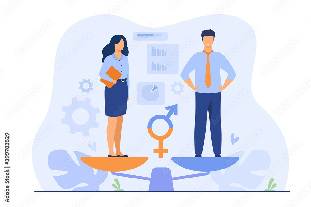 Gender equality concept. Equal business man and woman on balance scale ...